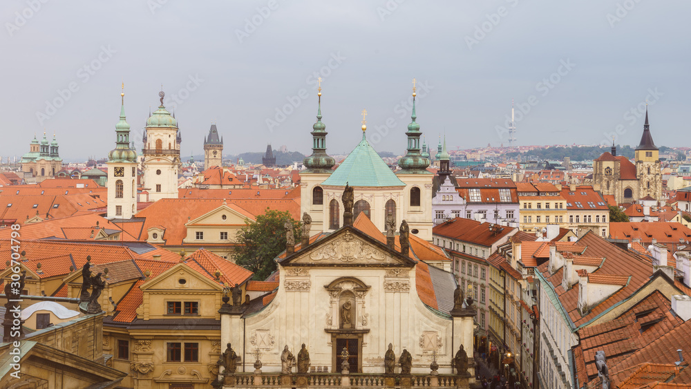Top view of old town, red roofs skyline in Prague,Czech republic