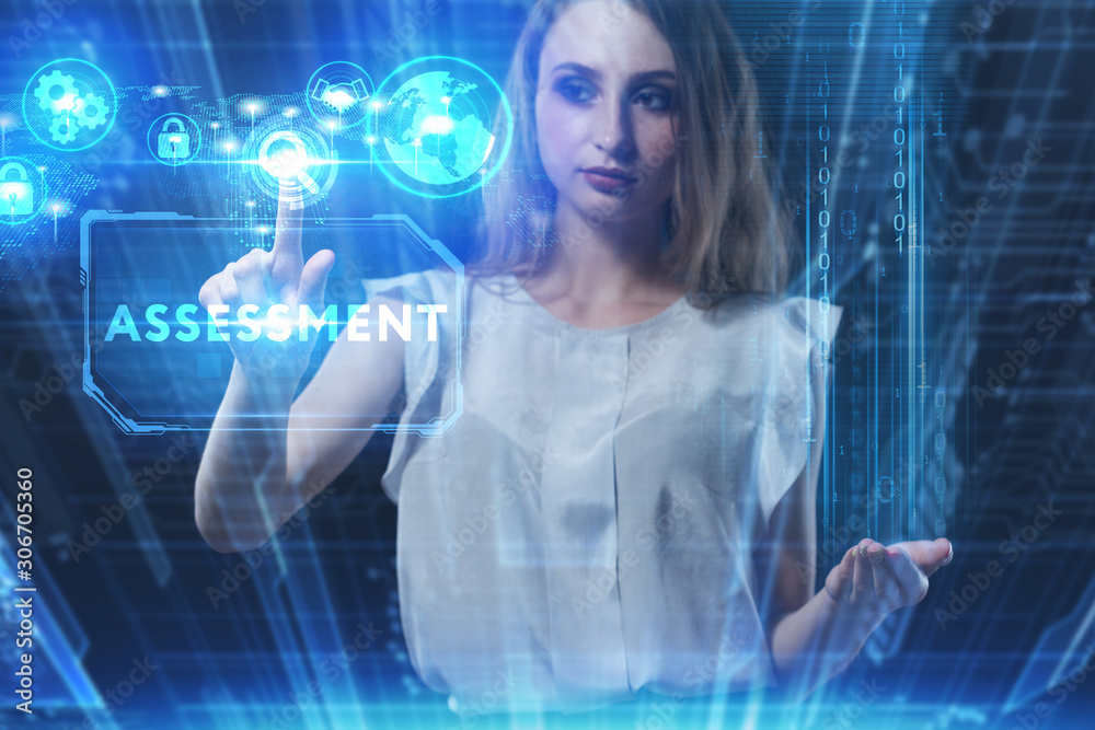 Business, Technology, Internet and network concept. Young businessman working on a virtual screen of the future and sees the inscription: Assessment Business, Technology, Internet and network concept. Young businessman working on a virtual screen of the future and sees the inscription: Assessment