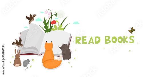 Horizontal banner with animals reading a book isolated on white background. Vector graphics. Lettering - read a book.