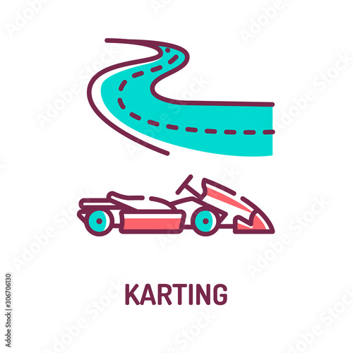 Karting color line icon on white background. Extreme sport. Racing on the track in a simple racing car. Pictogram for web page, mobile app, promo. UI UX GUI design element. Editable stroke.