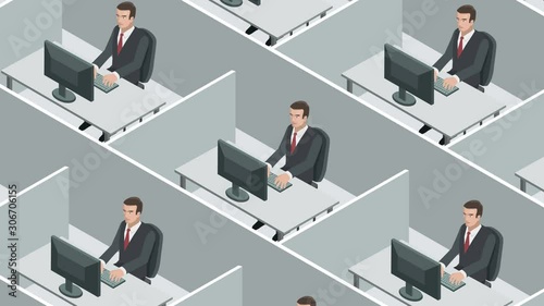 Identical clerks clones business people hard works on the computer in cubicle office workspace