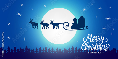 Santa Claus silhouette seen in the moonlight on flying sleigh with deers. Night northern winter forest. Santa delivers Christmas presents. Vector illustration banner