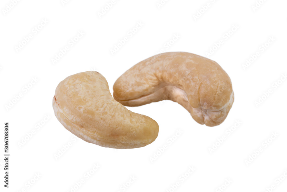 Two cashew nuts isolated on white background, beer snack Two cashew nuts isolated on white background, beer snack