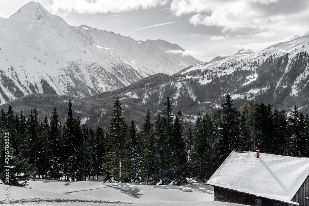 A mountain house in winter