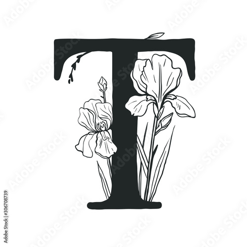 Letter T decorated with iris flowers. Botanical vector nonogram isolated on white. Elegant floral logo. 