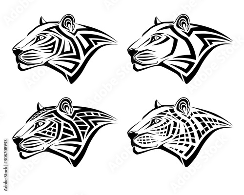 Set of different leopards in the form of tribal tattoos