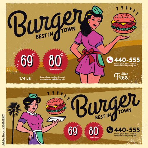 Vintage burger poster menu sign banner. Retro template design menu restaurant or diner