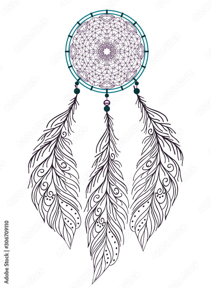 Obraz premium Dreamcatcher with feathers . Native American Indian talisman. Vector print isolated on white background. traditional art design.