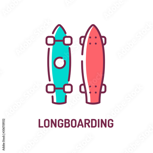Longboarding color line icon. Extreme sport. Pictogram for web page, mobile app, promo. UI UX GUI design element. Editable stroke.