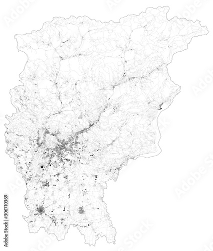 Satellite map of province of Bergamo, towns and roads, buildings and connecting roads of surrounding areas. Lombardy, Italy. Map roads, ring roads