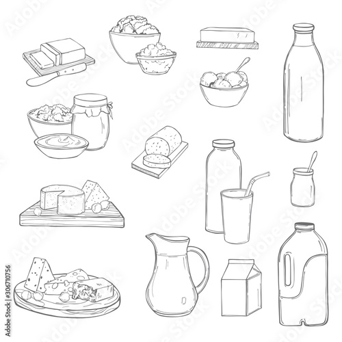  Milk food. Butter, cheese, sour cream, yogurt and cream on a white background. Vector sketch illustration.