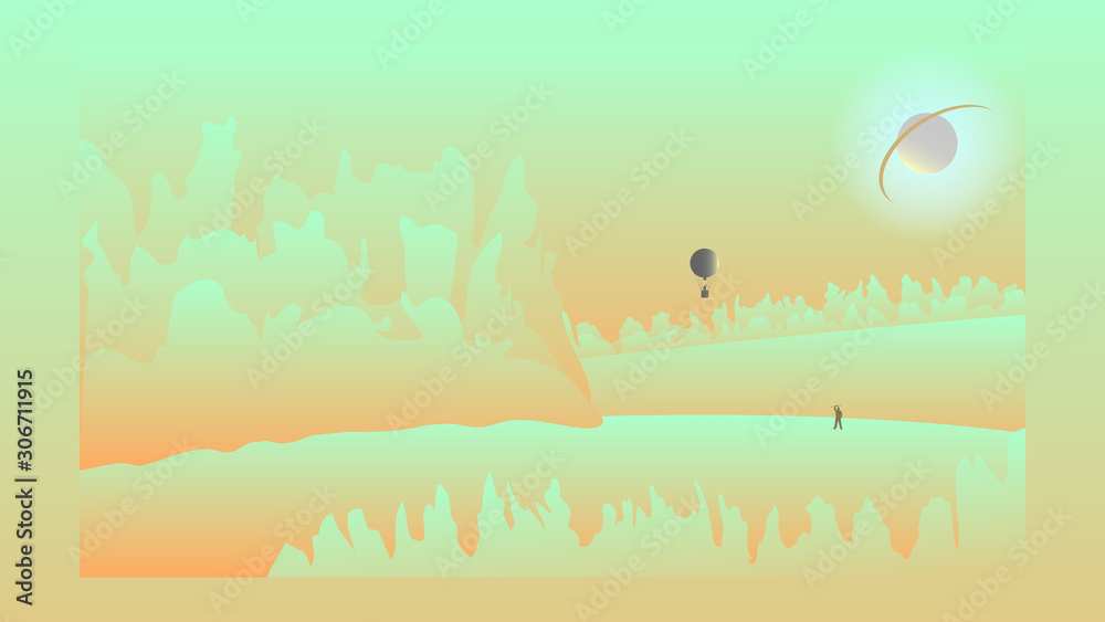 Abstraction. Unusual landscape and planet with a ring. Balloon and people silhouettes EPS10