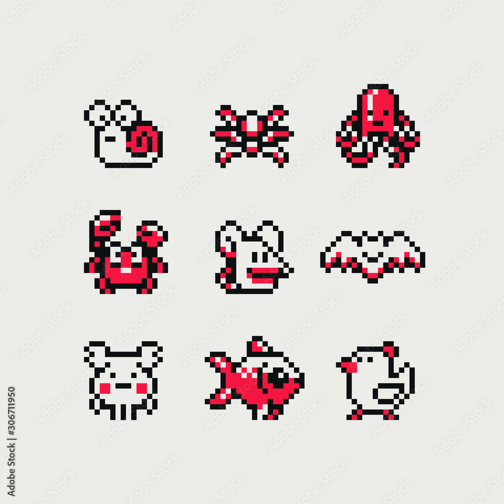 Cute animals characters set, pixel art style icons, snail, spider, octopus, crab, mouse, bat, moose, fish and chicken, element design for logo, app, web, sticker. Video game sprite. Isolated vector.