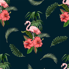Fototapete Flamingomuster Flamingos mit tropischen Blättern Muster  © Yumeee