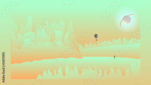 Abstraction. Unusual landscape and planet with a ring. Balloon and people silhouettes EPS10