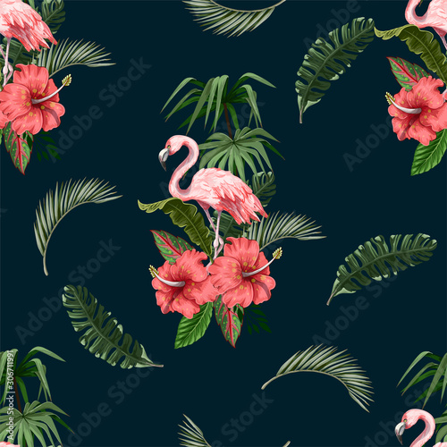 Seamless pattern with flamingo and tropical leaves. Vector.