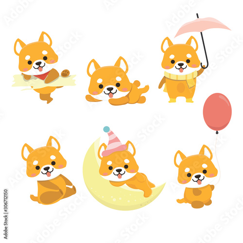 Shiba Inu Dog Cartoon Set Vector..