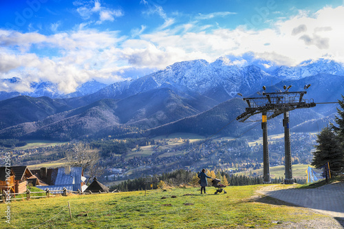 ZAKOPANE, POLAND - NOVEMBER 06, 2019: View of the city of Zakopane from Gubalowka, Poland, Europe. Gubalowka mountain is a popular tourist attraction, offering views of the Tatras and Zakopane.