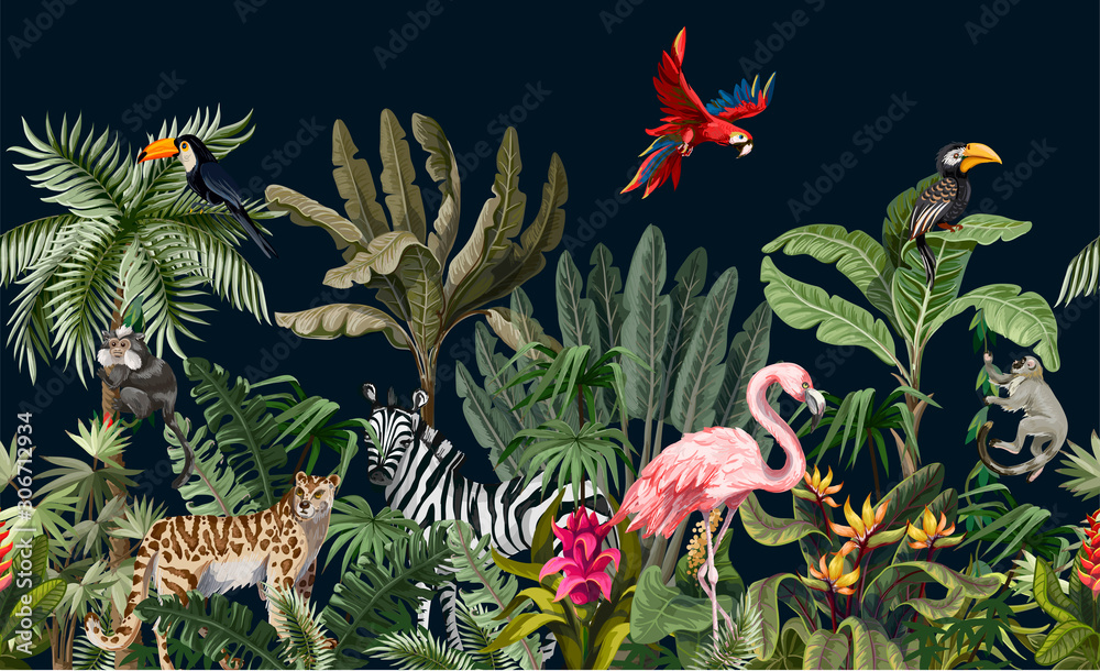 Fototapeta premium Bezszwowe granica ze zwierzętami dżungli, kwiatami i drzewami. Wektor.