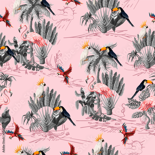 Seamless pattern with jungle animals, flowers and trees. Vector.