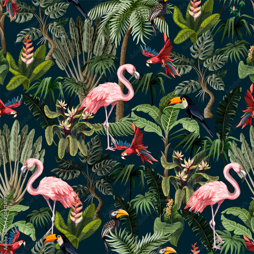 Naklejka premium Seamless pattern with jungle animals, flowers and trees. Vector.