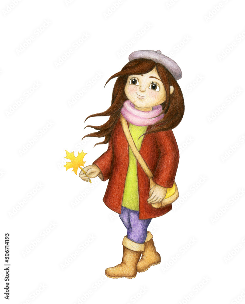Pretty girl is holding the yellow leaf in her hand and admiring autumn. Isolated. Hand drawn illustration.
