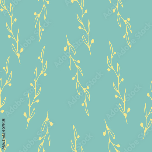 Floral seamless pattern in line art style.  Abstract botanical print of flowers, leaves, twigs. Textile design texture. Spring blossom background. Vector illustration.