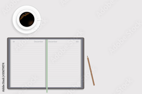 Coffee with with cup and book with pencil for memories on gray background