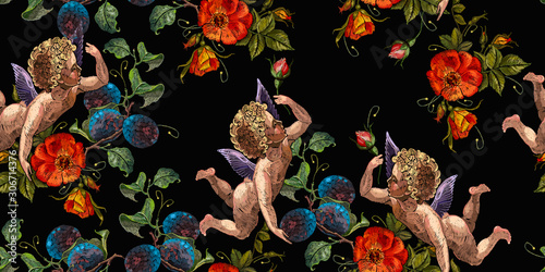 Embroidery little angel, red roses and plums, cupids art. Horizontal seamless pattern. Happy Valentines Day concept. Template for clothes, t-shirt design