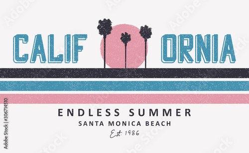 California, Santa Monica t-shirt design with palm trees and sun. Print for apparel design with stripes and grunge. Vector illustration.