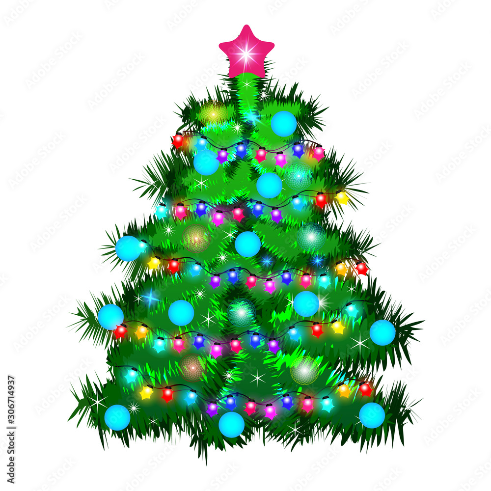 Cute cheerful Christmas tree Isolated on the white background. Flat style.