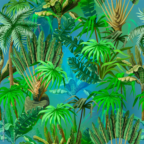 Vivid seamless pattern with jungle trees. Vector. © Yumeee