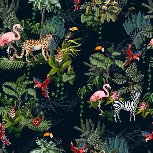 Seamless pattern with jungle animals, flowers and trees. Vector. © Yumeee