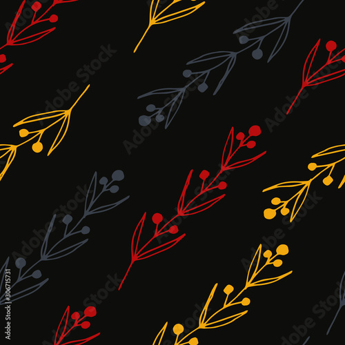 Floral seamless pattern in line art style.  Abstract botanical print of flowers, leaves, twigs. Textile design texture. Spring blossom background. Vector illustration.
