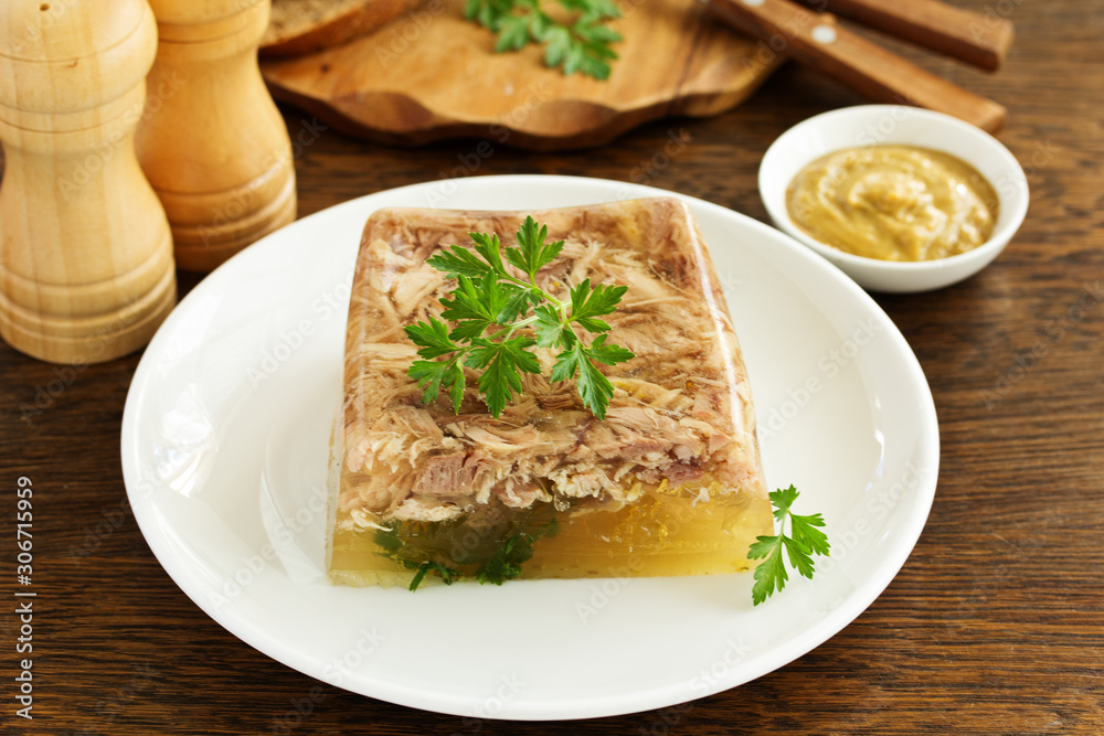 Homemade meat jelly with mustard. Selective focus