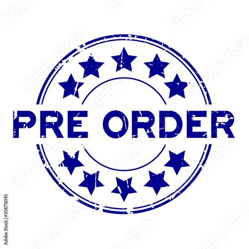 Grunge blue pre order wording with star icon round rubber business seal stamp on white background