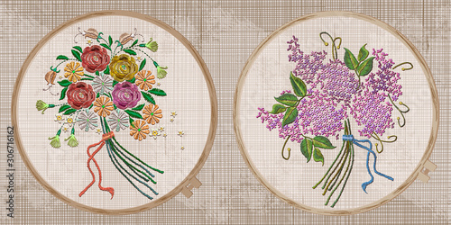 Embroidery collection. Bouquet of spring flowers. Template tambour frame with a canvas, elements from stitches. Art for clothes