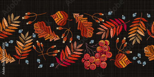 Embroidery autumn seamless pattern. Fall eaves, acorns. Wild forest art. Fashionable template for design clothes