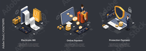 Isometric set of Electronic bill, online payment, protection payment concept.