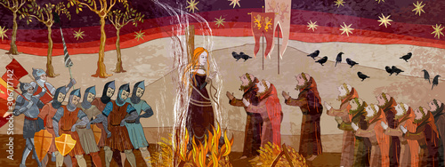 Medieval scene. Inquisition. Burning witches. Ancient book vector illustration. Middle Ages parchment style. Joan of Arc (Jeanne d'Arc) concept. Monks and soldiers at a fire with the witch photo