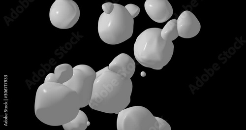 3d abstract white metaball subdividing and multiplying in front of a black screen. Transition blob. Transformation ball. Holographic floating liquid blobs, soap bubbles, metaballs. photo