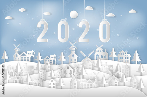 Happy new year 2020 in the snow village in the winter background as holiday , x'mas and merry christmas day concept. vector illustration.