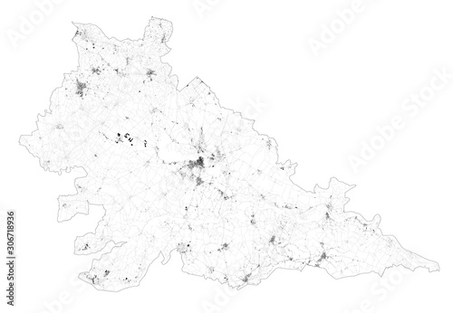 Satellite map of province of Mantova, towns and roads, buildings and connecting roads of surrounding areas. Lombardy, Italy. Map roads, ring roads