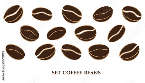 Coffee beans. Collection in different variants. Linear brown icons on white background. Vector illustration.
