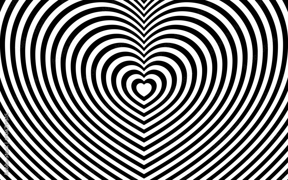 Obraz premium Minimalism background of repeating black and white lines. Stripes in the shape of a heart. Ornament with the effect of illusion.