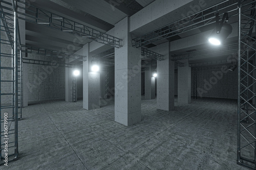 Cement and reinforcement with projectors, 3d rendering