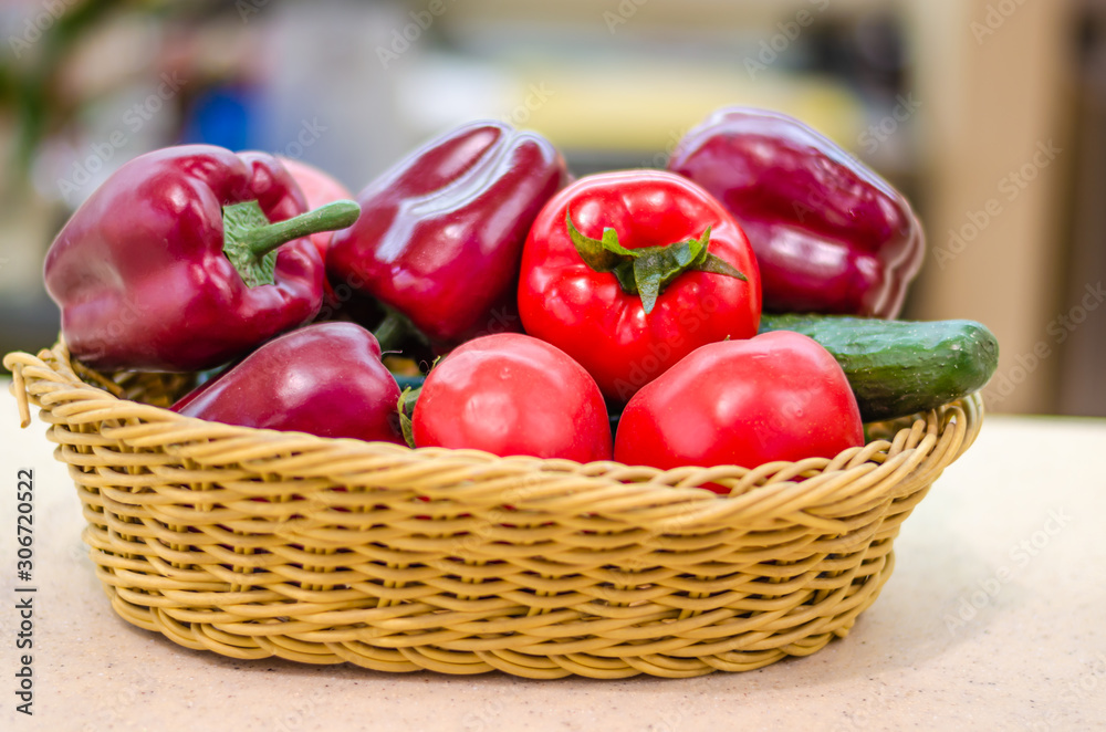 Straw basket with fruits and vegetables. Straw basket with fruits and vegetables.