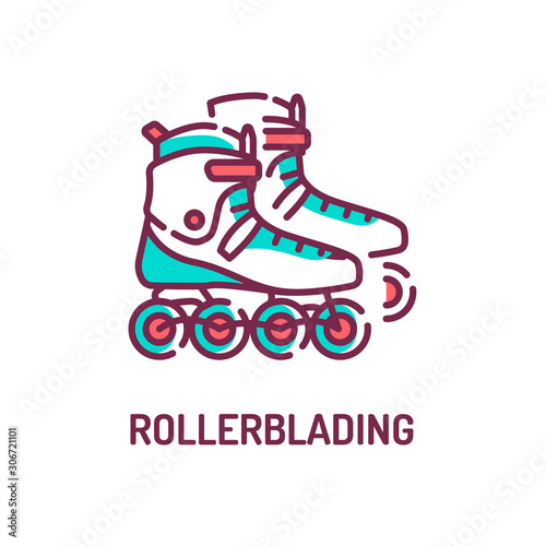 Rollerblading color line icon on white background. Riding and stunts on roller skates. Participation in competitions. Pictogram for web page, mobile app, promo. UI UX GUI design element.