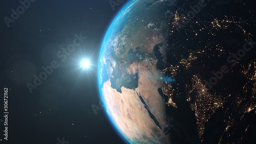 World and sun realistic 3D rendering. Shiny sunlight over Planet Earth  cosmos  atmosphere. Shot from Space satellite