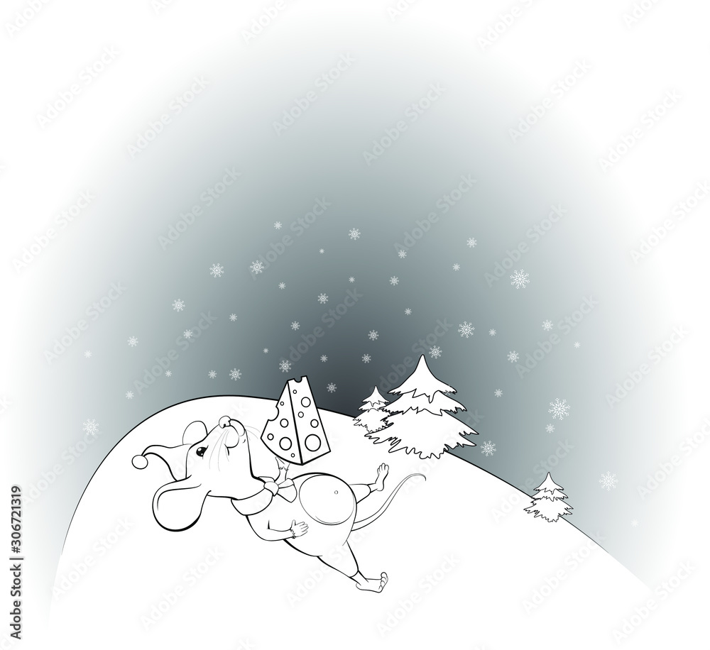  New year symbol 2020 rat in Santa's hat resting with a piece of cheese. Vector illustration for greeting cards, calendars, prints. Hand draw mouse for christmas design. Isolated on a white background